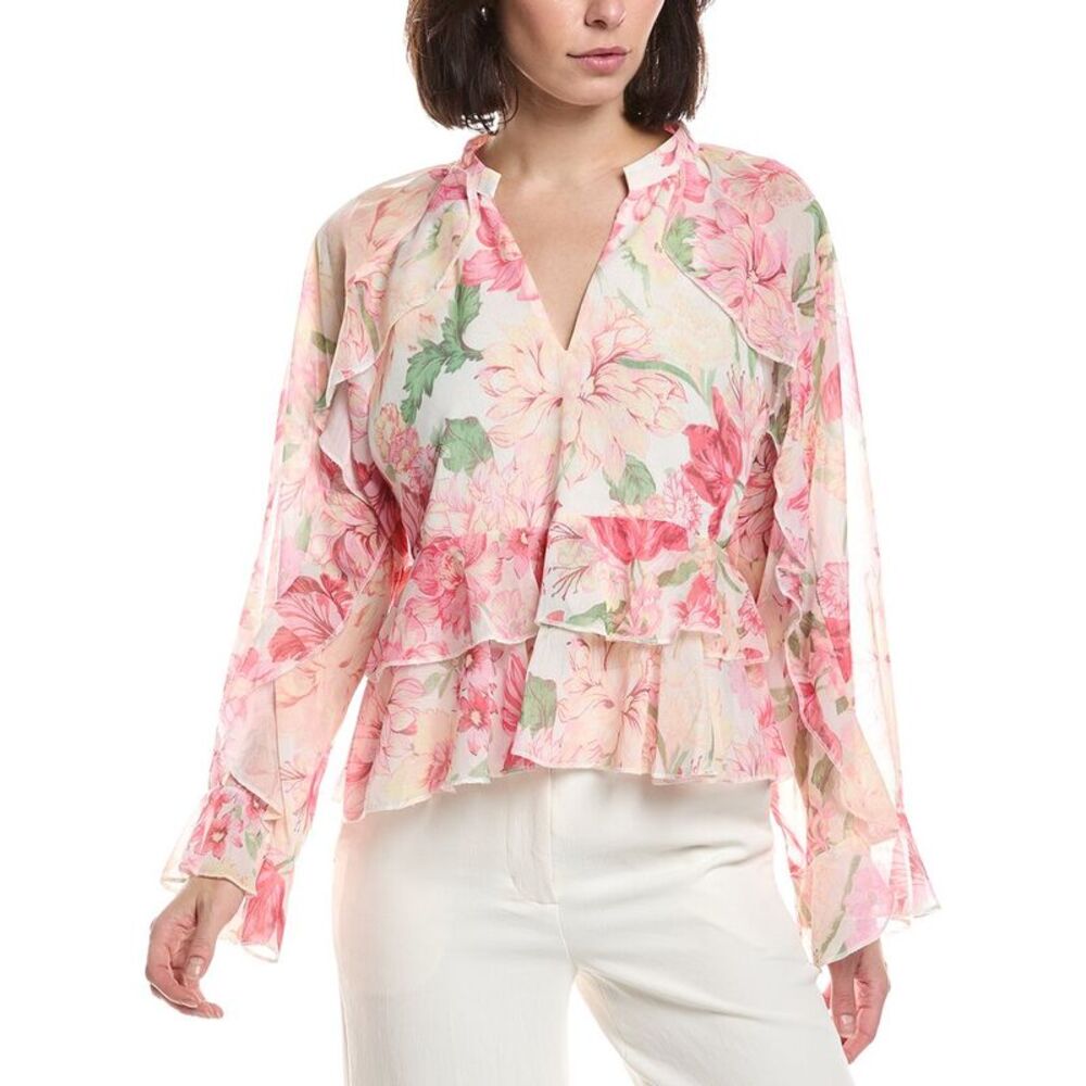 Hl Affair Womens  Ruffle Chiffon Blouse, White